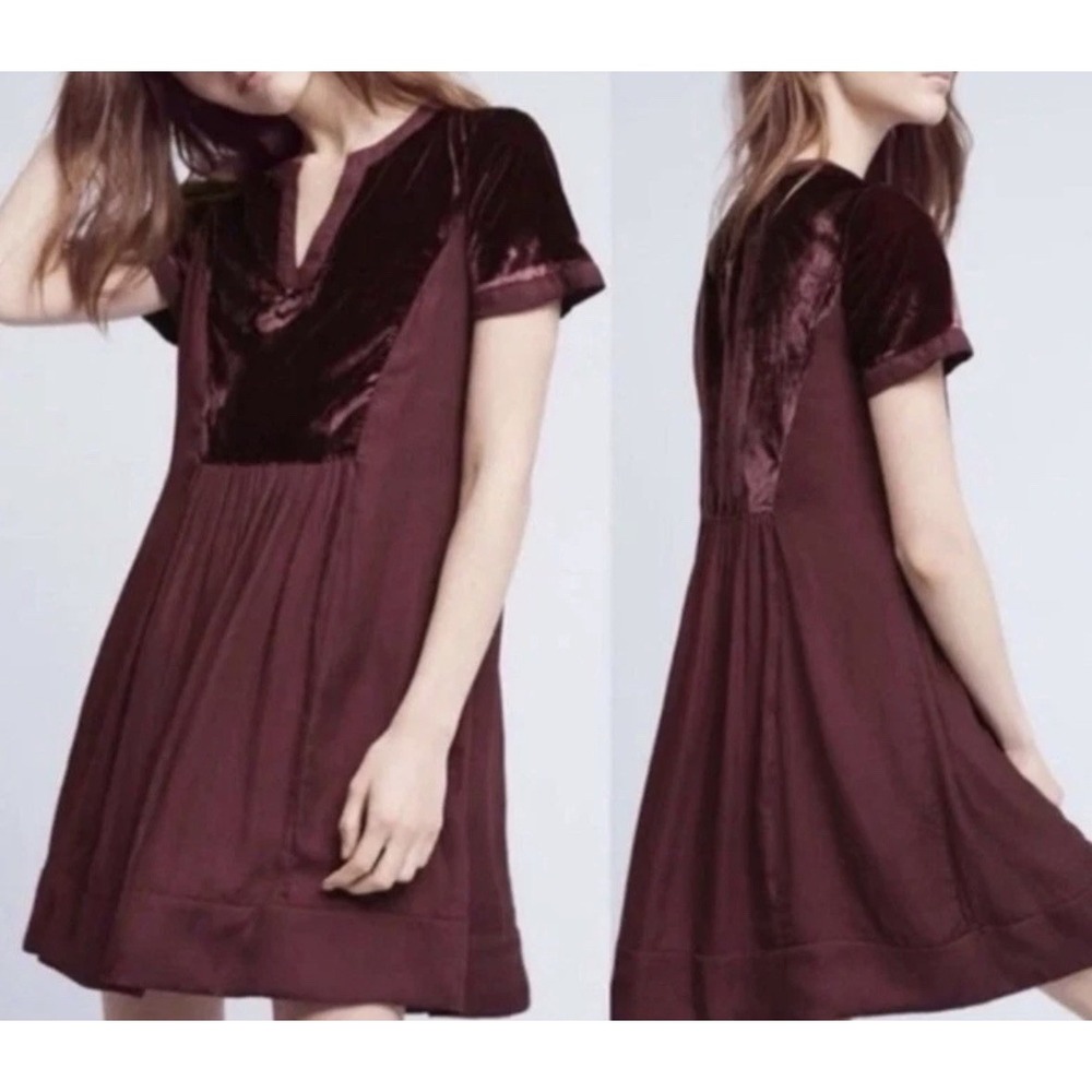 Maeve Anthropologie Burgundy Ingrid Velvet Mini Shift Dress V-Neck Romantic S